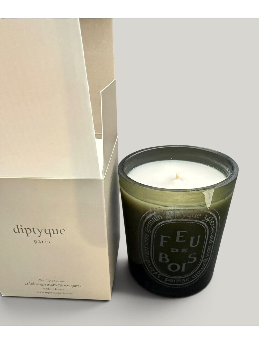 Diptyque NIB Glass Candle-Feu Du Bois (Wood Fire)-10.2 oz.